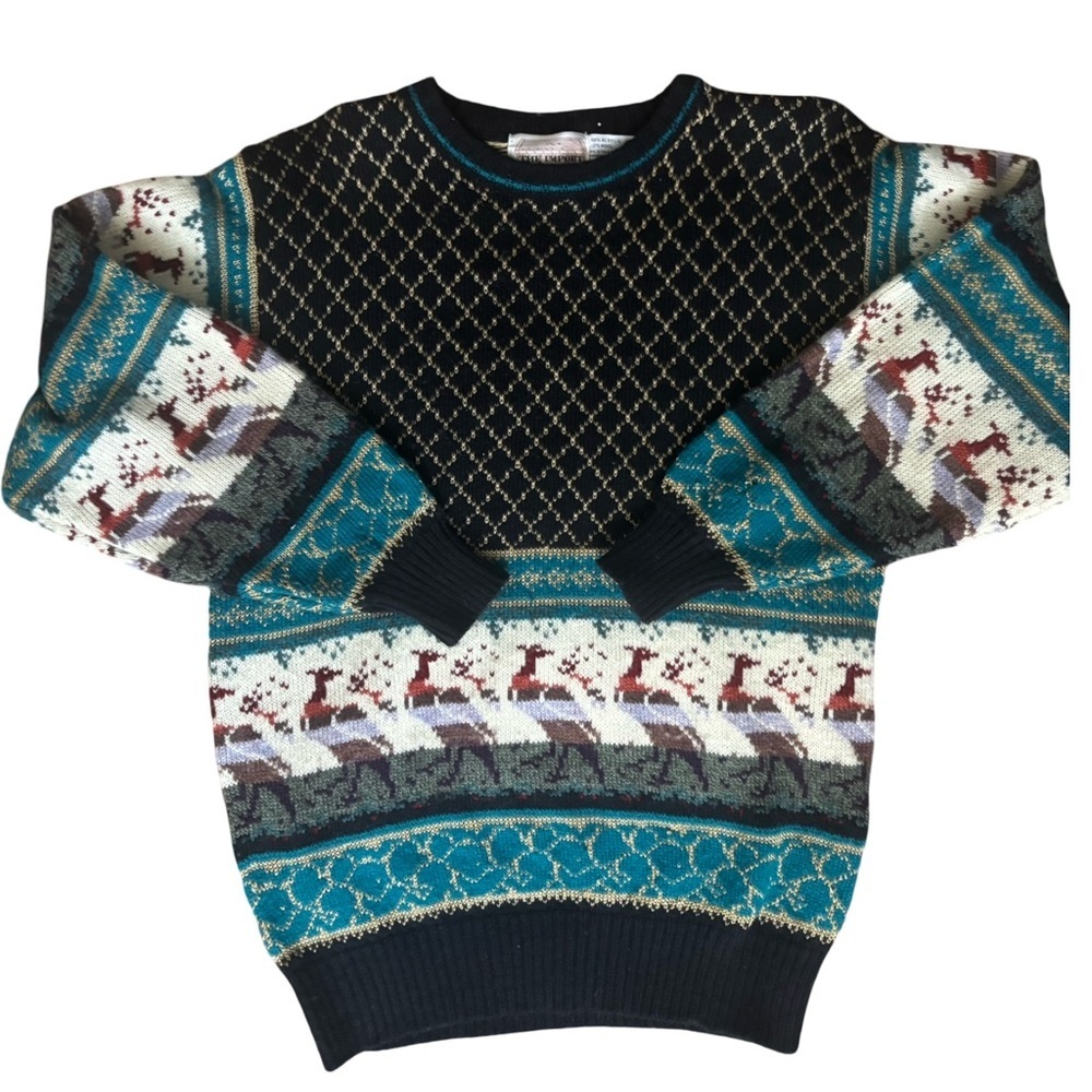 Vintage Holiday – Black Teal Reindeer Sweater – Large – Late 1980s/Early 90s